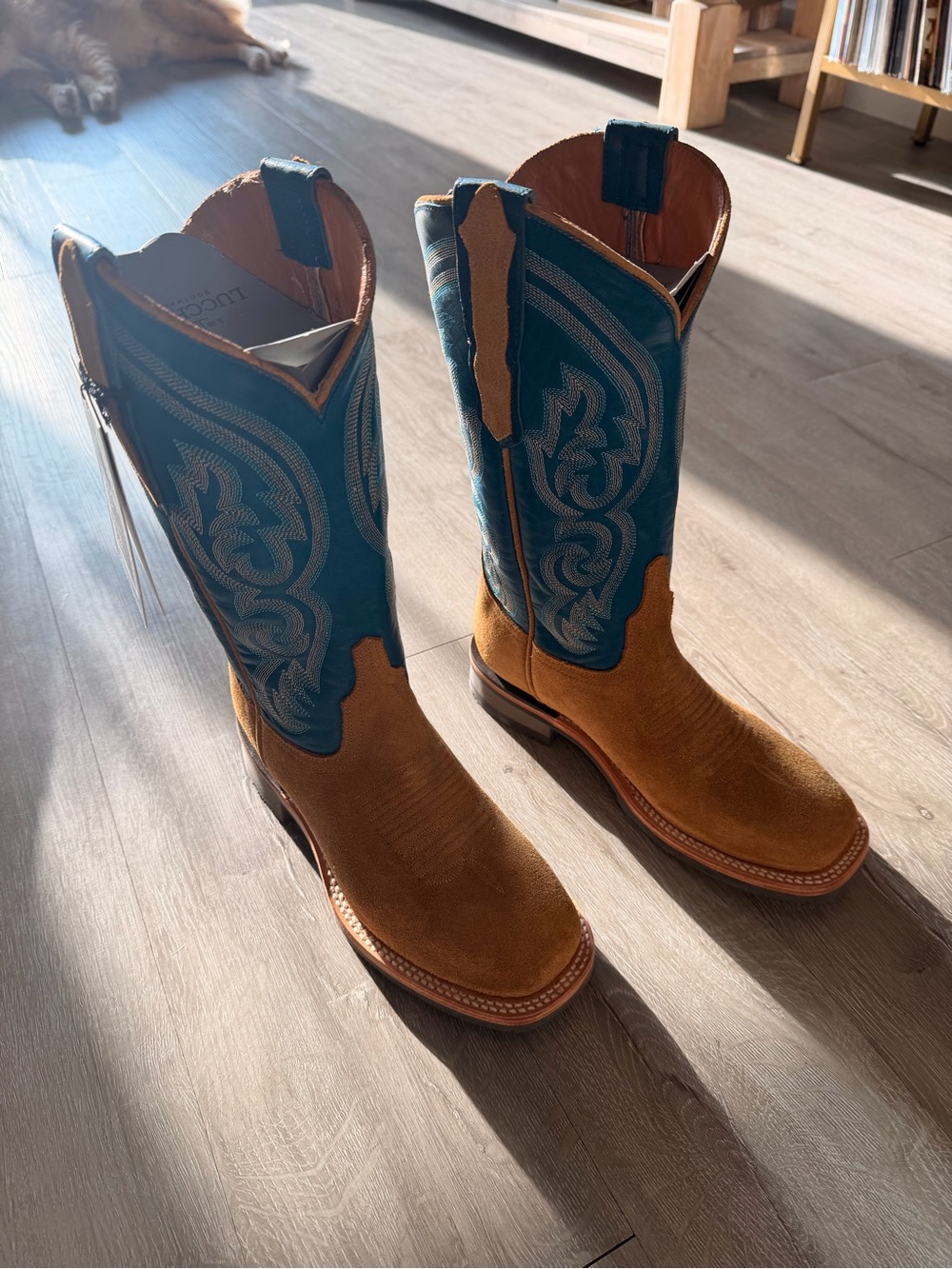 Lucchese Turquoise Blue and Tan Suede Western Boots - Picture 6 of 7